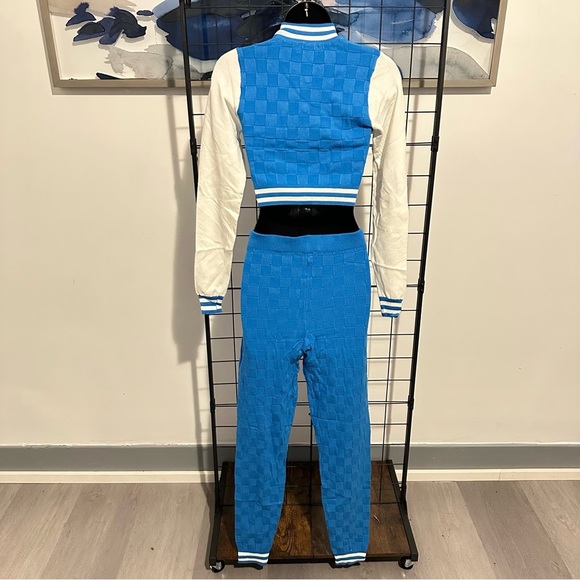 Turquoise Two Piece Knit Varsity Top Jacket High Waisted Knit Leggings Set - Picture 8 of 10